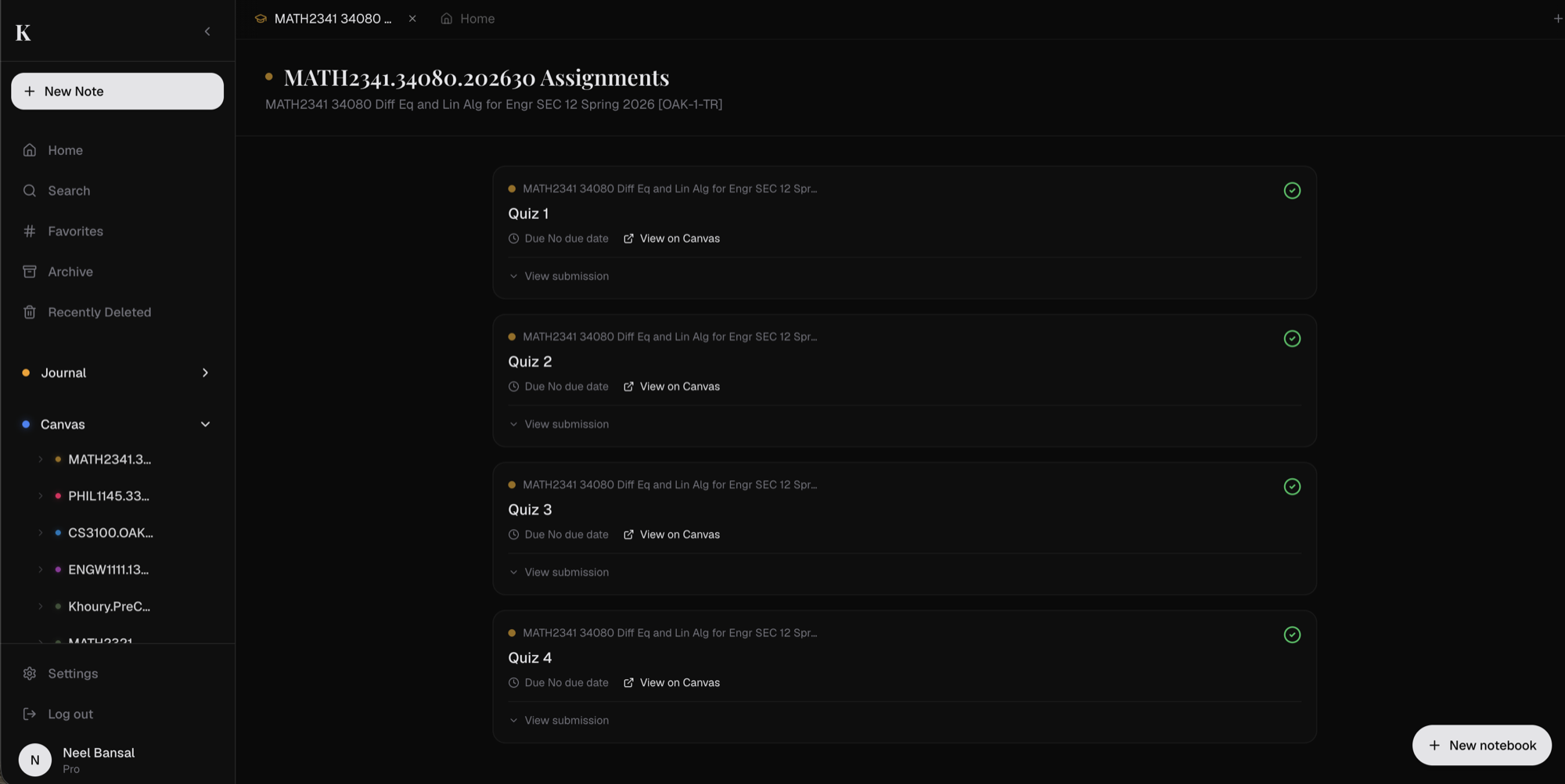 kov showing Canvas assignments synced from your LMS