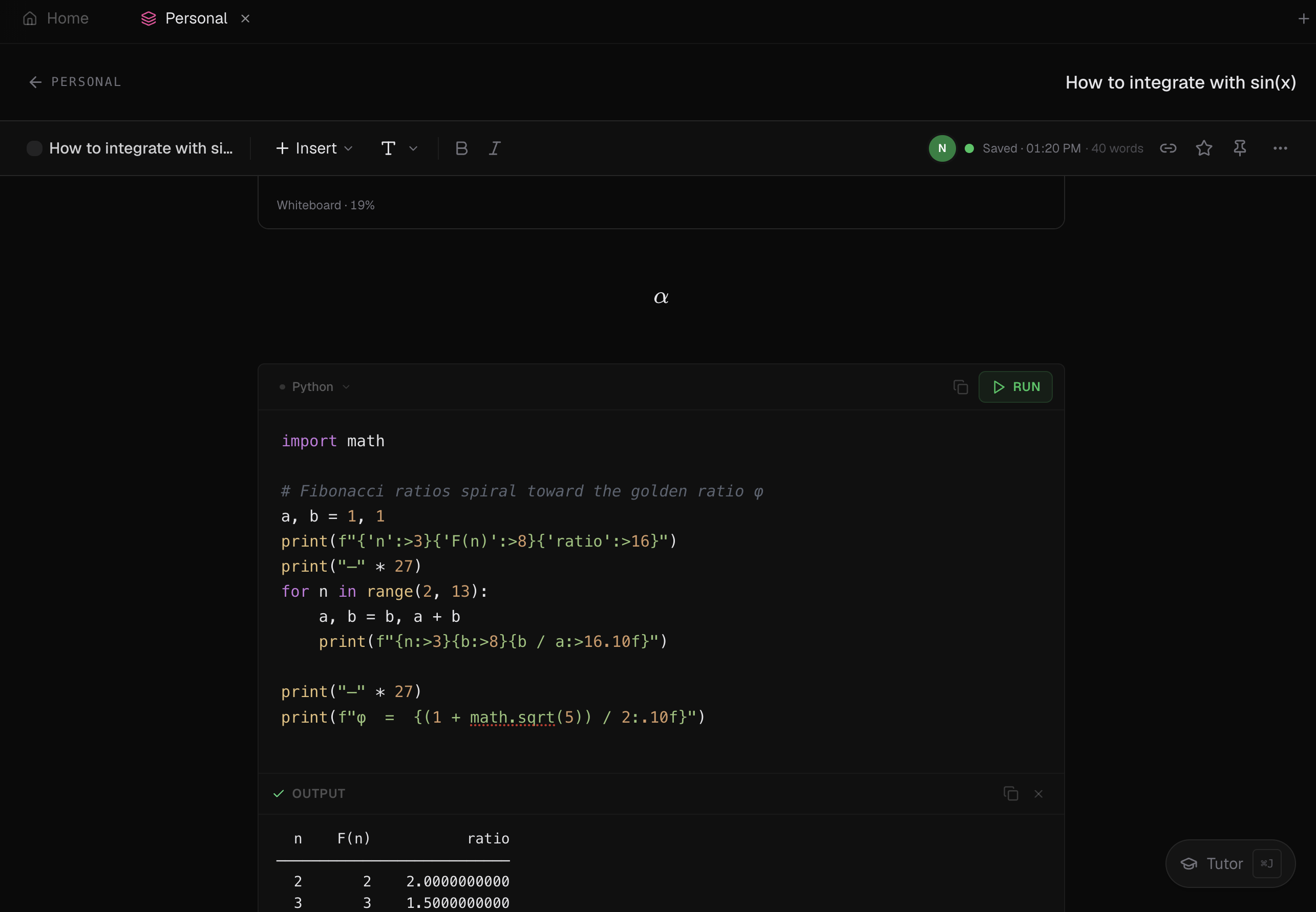 A kov Python code block running in place, with its output table underneath.