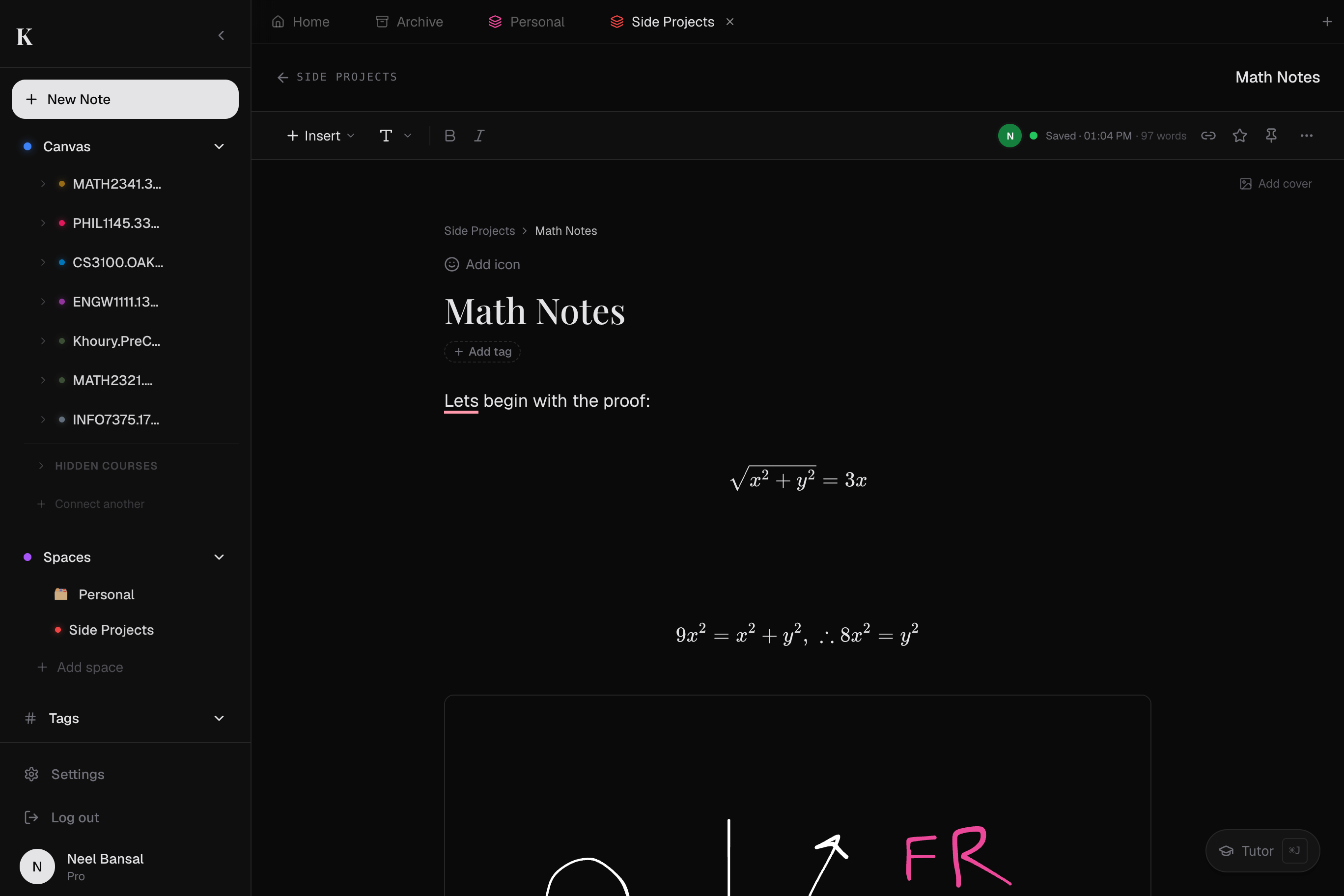 A kov Math Notes page: handwritten text, rendered equations, and an inline whiteboard