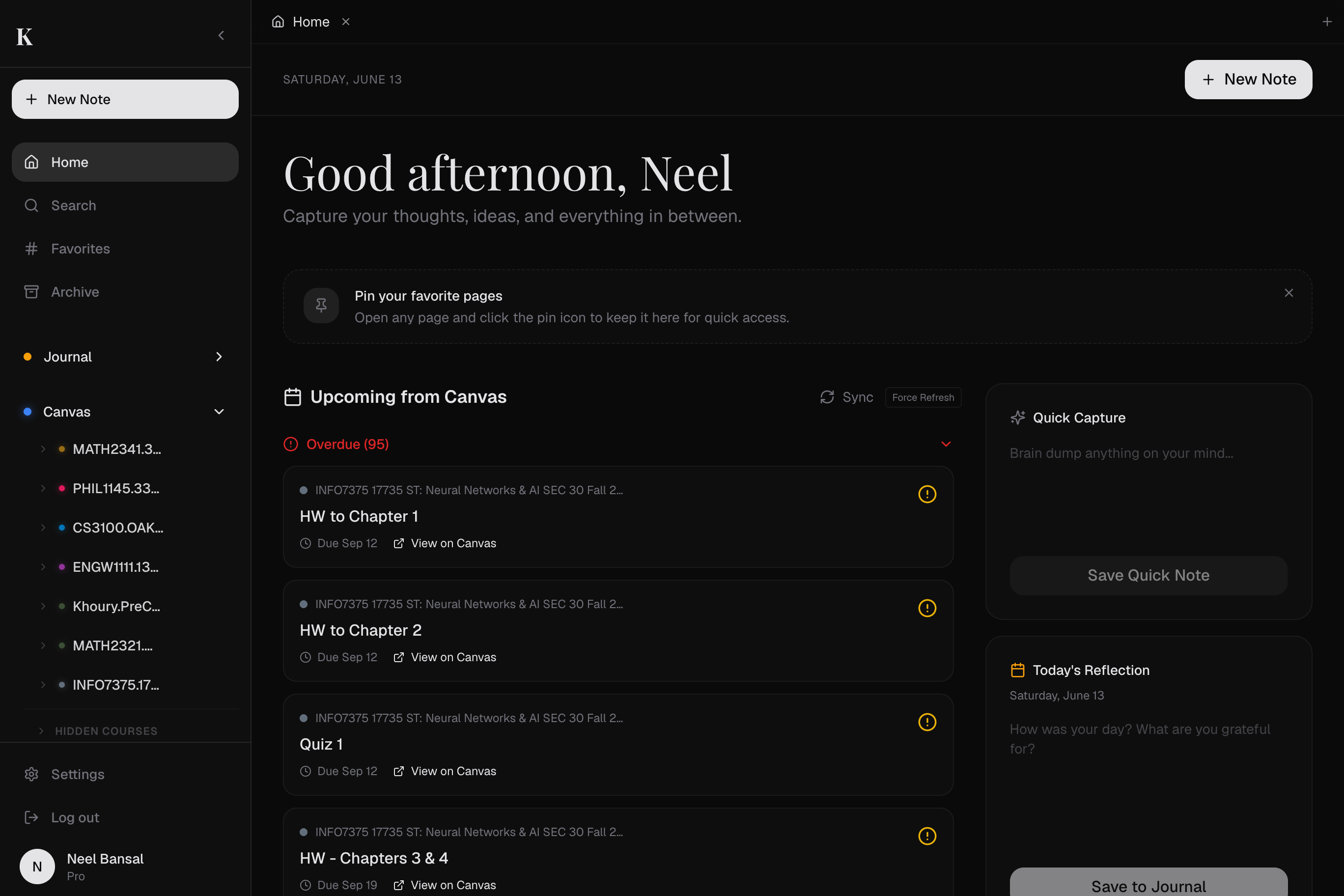 The kov Home dashboard, a personalised workspace with recent pages and spaces
